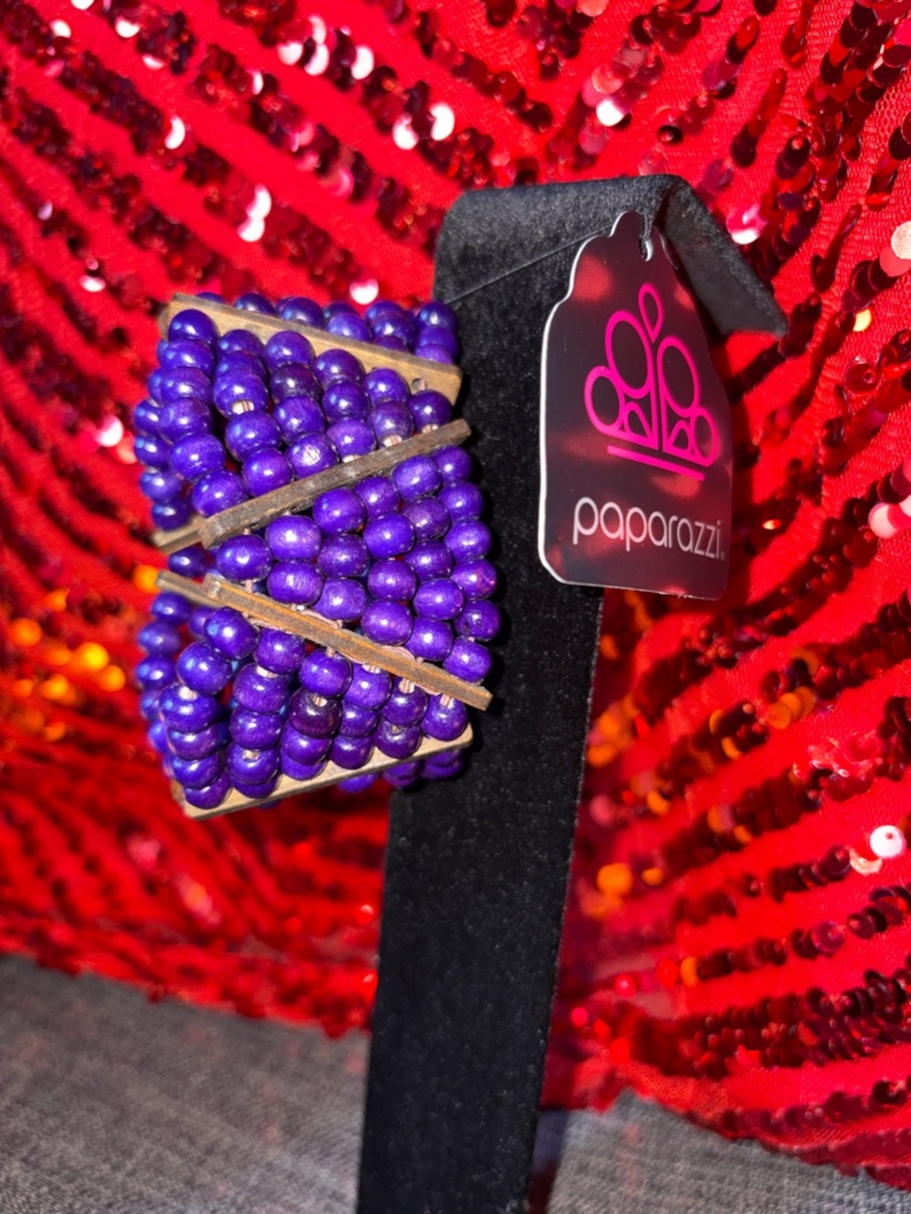 paparazzi Vibrant Purple Beaded Hair Cuff with Wood Accents